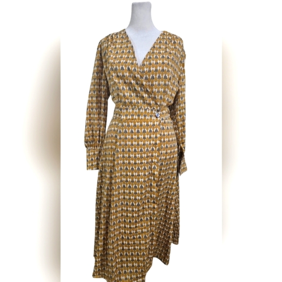 HL AFFAIR Mod Printed Wrap Maxi Long Sleeve Dress In Mustard/white/grey. S/M NWT - Picture 1 of 16